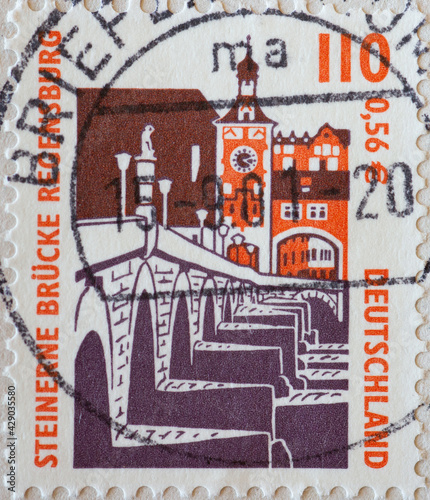 GERMANY - CIRCA 2000 : a postage stamp from Germany, showing sights in Germany. Stone Bridge Regensburg