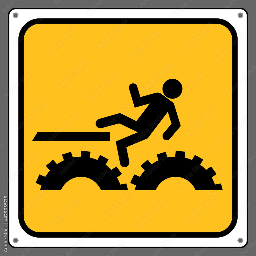 Beware of falling around the driving gear.,Caution sign Beware of falling around the driving gear.,Caution sign