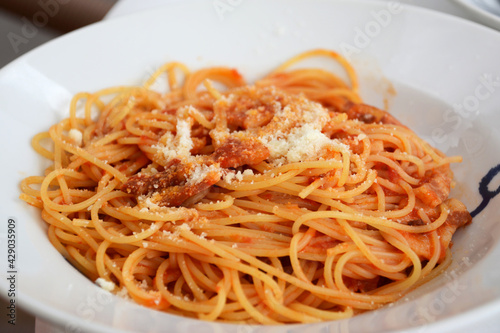 イタリア料理店の、チーズのかかったトマトのスパゲッティ。