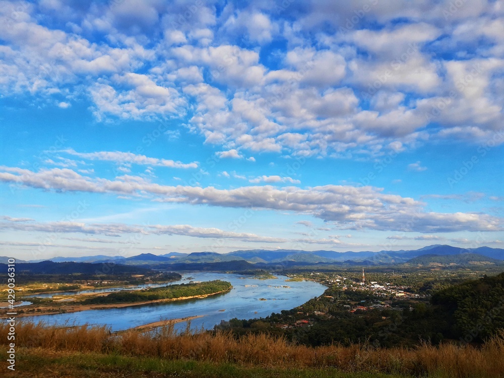 Blue sky with river and mountains. Blue sky with river and mountains.