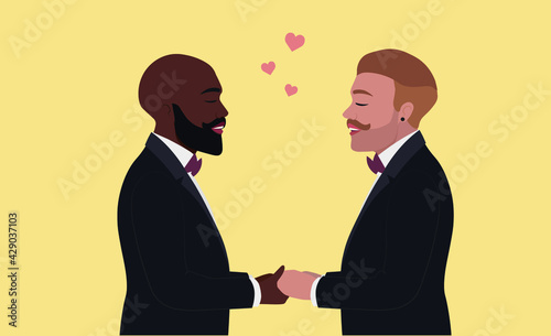 Happy gay men are getting married holding hands, LGBT rights, vector