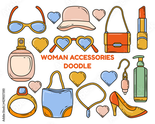 Set of hand drawn woman accessories cartoon doodle set illustration