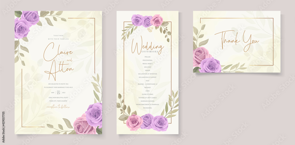 Set of wedding card design with purple roses