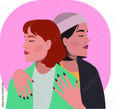 Lesbian couple hugging, LGBT love, vector