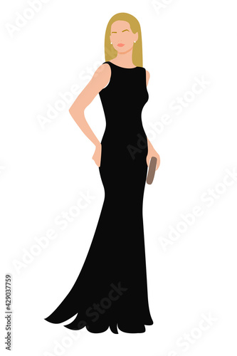 Portrait of standing young woman in a long black dress. Minimalist boho style portrait for contemporary poster design, t-shirt design, fashion show flyer, Girls Party invitation etc