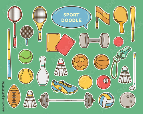 Hand drawn cartoon sport tools doodle bundle design sticker