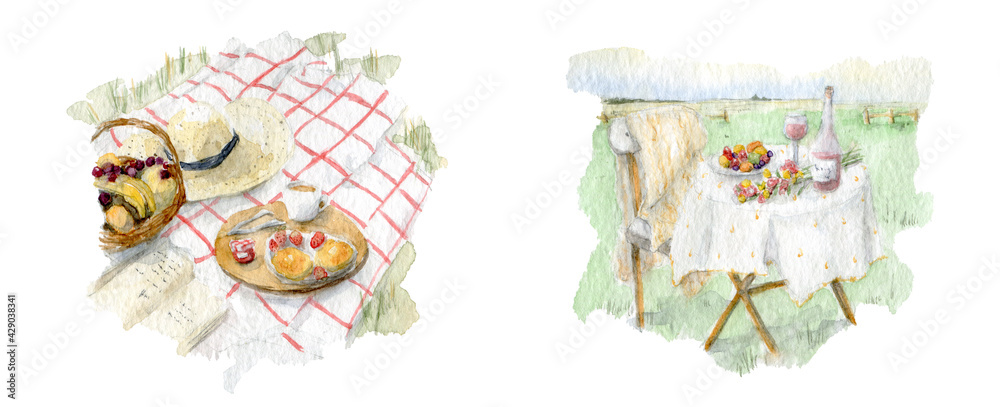 Watercolor illustration of summer picnic on white background. Illustration of morning vibes, breakfast, food and cozy vista.