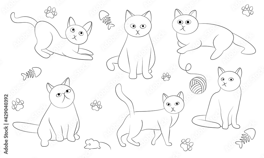 Cats set vector illustration. Clew, mouse, foot. For fabric wrapping paper. Funny, cartoon seals. Cats set vector illustration. Clew, mouse, foot. For fabric wrapping paper. Funny, cartoon seals.
