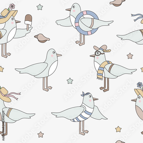 Seamless patterns with seabirds. Cute funny seagulls in beachwear on a light background. Vector. For design, decor, printing, packaging, textiles and wallpaper