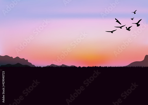 graphics image after sunset with light twilight of sky and mountain bird vector illustration