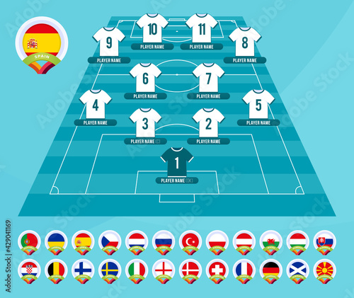 football 2020 team formation. league tournament broadcast graphic template design. Team lineup on filed football graphic for soccer starting lineup squad. vector