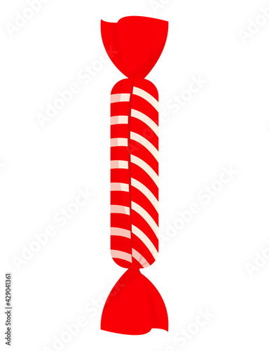 Red striped cute candy in wrapper on white background