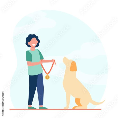 Happy child holding gold medal and dog sitting next to. Flat vector illustration..Cartoon boy rewarding dog with medal for winning first place at show. Breeding, animal, pet, victory concept