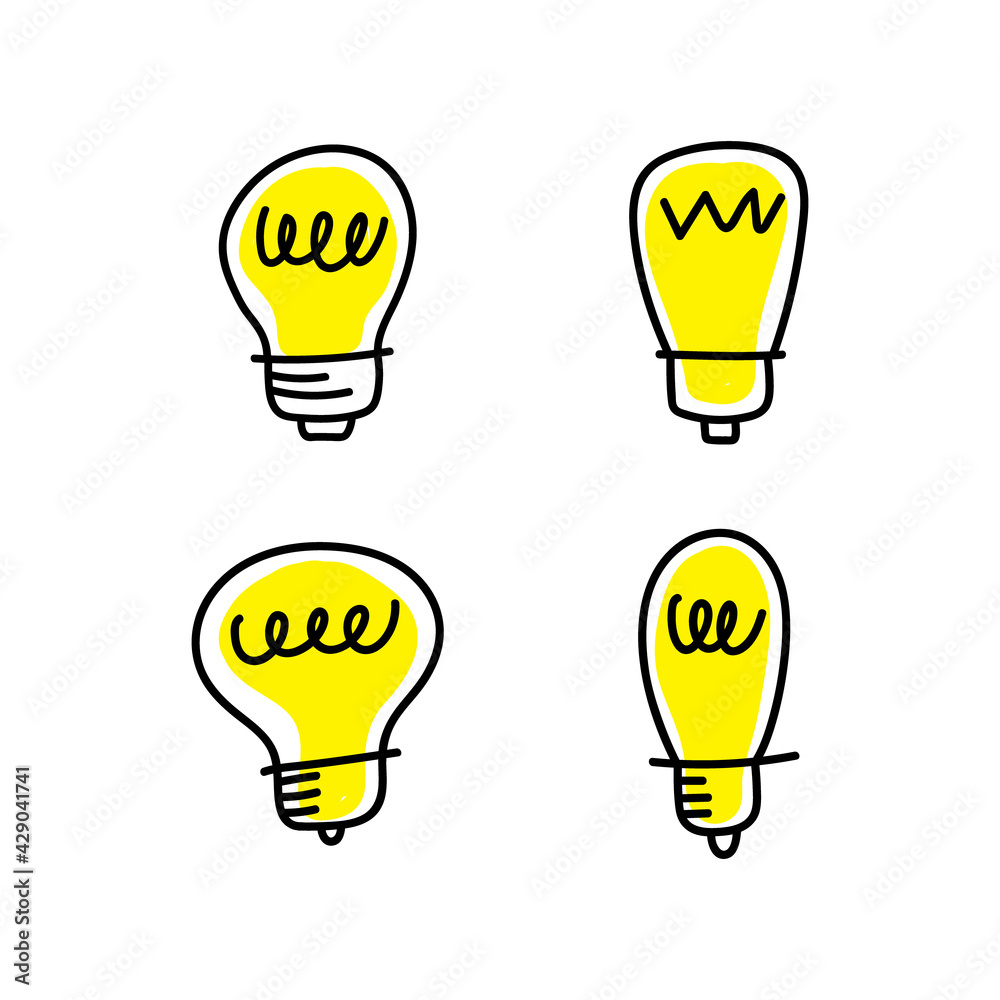 Light bulb doodle collection. Hand drawn simple electric lamps, symbols of ideas, solutions, innovation and creativity. Light bulb doodle collection. Hand drawn simple electric lamps, symbols of ideas, solutions, innovation and creativity.