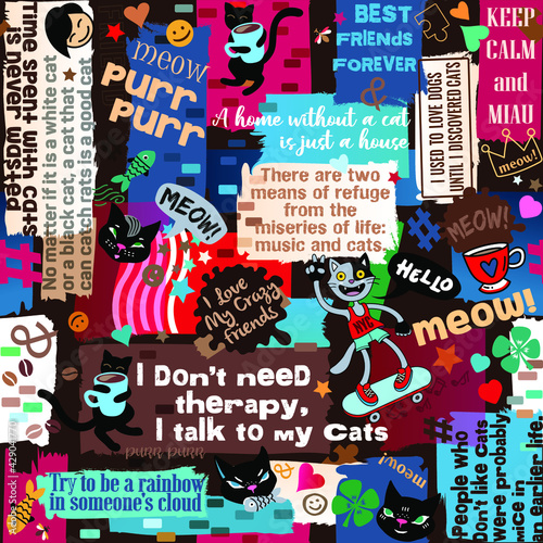 Seamless pattern with phrases, quotes, cats. Collage with animals, coffee, stars, hearts. Quotes and saying about cats. Cat Cafe. Pet supplies