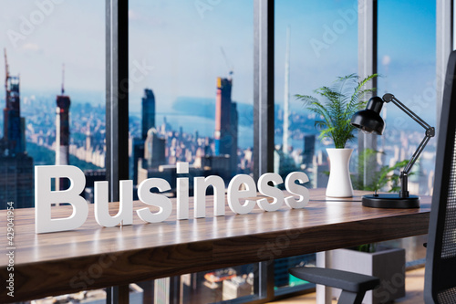 business; office chair in front of modern workspace and panoramic skyline view; company concept; 3D Illustration photo