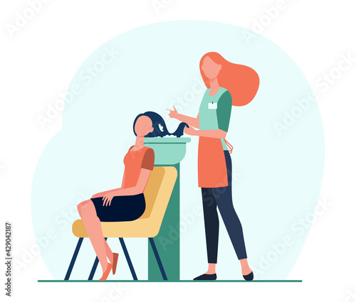 Cartoon hairdresser washing client hair flat vector illustration. Master doing care or washing procedure for woman sitting in chair. Hair care, beauty, business, service concept for banner design