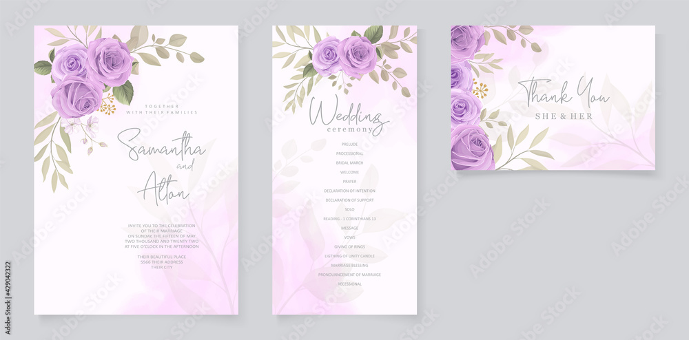 Set of wedding card design with purple roses