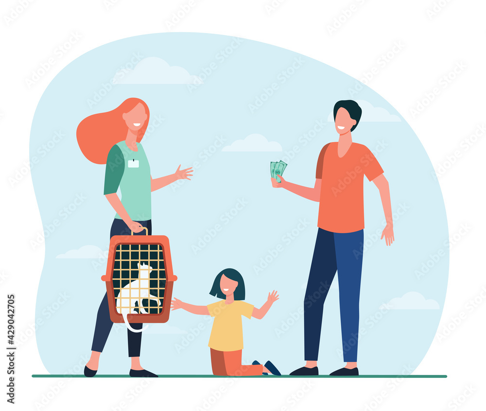 Father and daughter buying cat flat vector illustration. Dad with money, happy child and seller holding pet carrier with cat. Pet, animal, breed, business, family concept for banner design