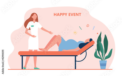 Cartoon midwife helping woman giving birth. Flat vector illustration. Woman going through contractions, preparing for childbirth in hospital. Medicine, childbirth, happy event, delivering baby concept