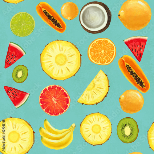 Hand drawn seamless pattern. Summer background with exotic fruits.