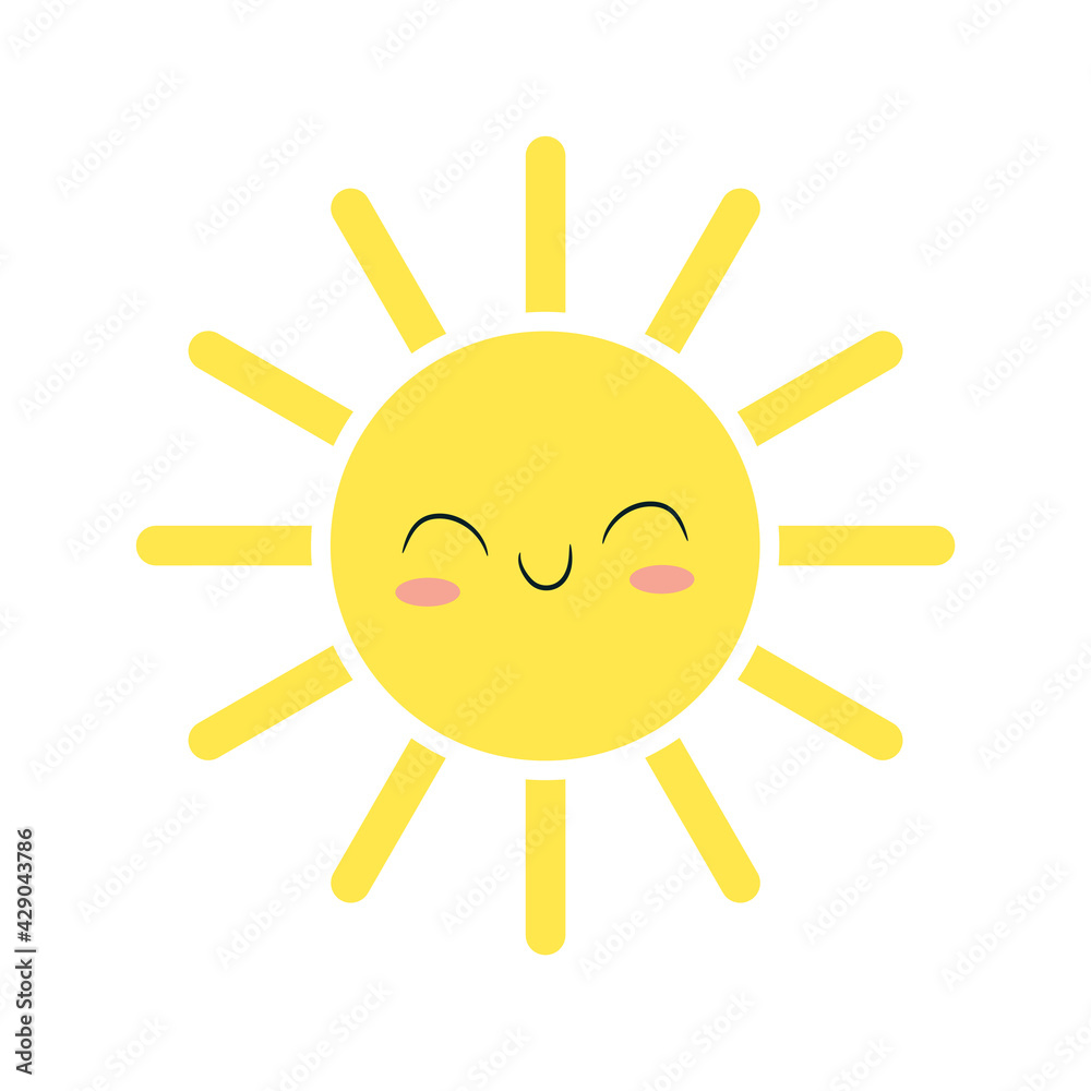 Flat design smiling cartoon sun isolated on white background. Vector illustration.