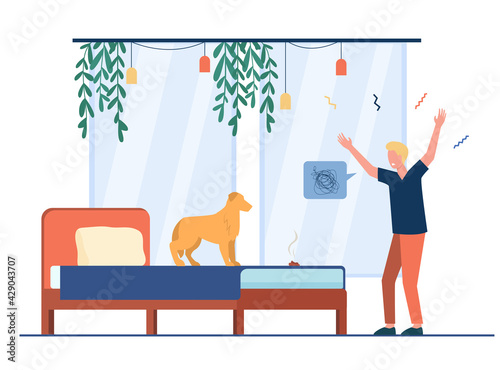 Cartoon young man scolding dog for pooping in bed. Flat vector illustration. Overwhelming man blaming dog sitting on bed for bad behavior. Breeding, dog training, pet behavior, animal concept