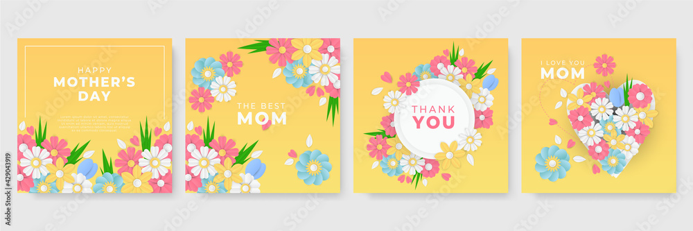 Set of Mother's Day pink yellow white blue green greeting cards with paper cut flowers and typography. Suit for social media post and stories. Can be used for creative universal template