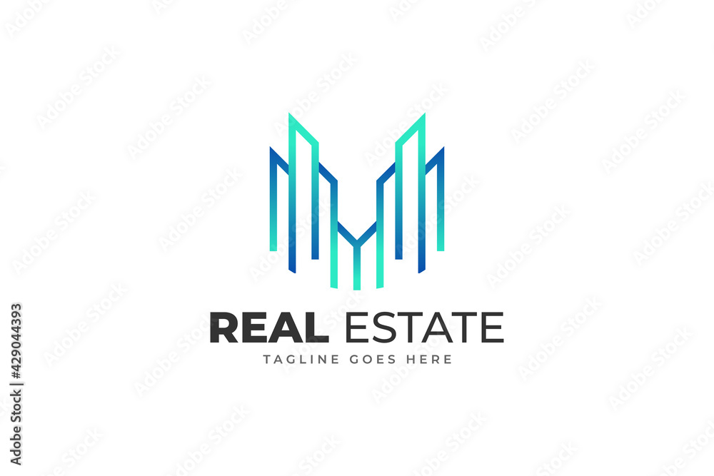 Real Estate Logo in Green and Blue Gradient with Line Style . Construction, Architecture or Building Logo Design Template Real Estate Logo in Green and Blue Gradient with Line Style . Construction, Architecture or Building Logo Design Template