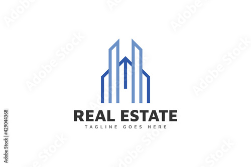 Blue Real Estate Logo with Line Style. Construction  Architecture or Building Logo Design Template