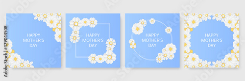 Set of Happy Mother's Day pink yellow blue greeting card design in various style and colour. Mothers day holiday banner. Spring floral vector illustration. Greeting paper cut flowers card template