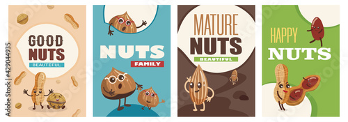 Set of funny nuts characters posters cartoon vector illustration. Flyers with cute comic almond, hazelnut, peanut in colorful background. Health, diet, fantasy concept for banner design, landing page