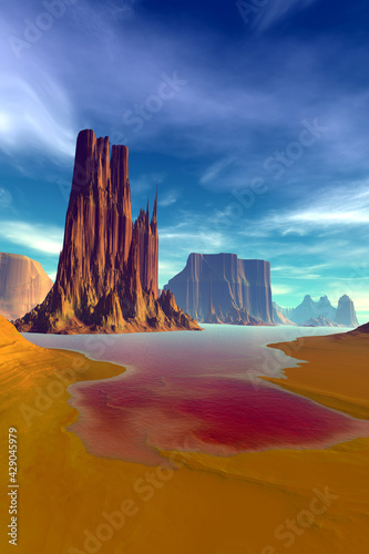 Fototapeta Naklejka Na Ścianę i Meble -  Alien Planet. Mountain and lake. 3D rendering
