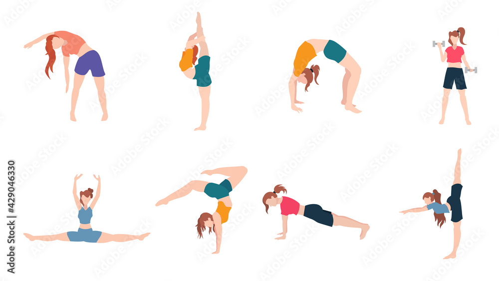 Workout girl set fitness and yoga exercises. Woman doing fitness and yoga exercises. Vector illustrations
Workout girl set fitness and yoga exercises. Woman doing fitness and yoga exercises. Vector illustrations