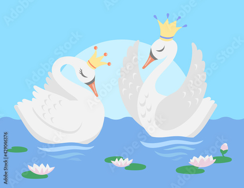 Couple of white swans floating in lake vector illustration. Cartoon characters of beautiful bird prince and princess in crowns swimming among flowers. Love, romance concept