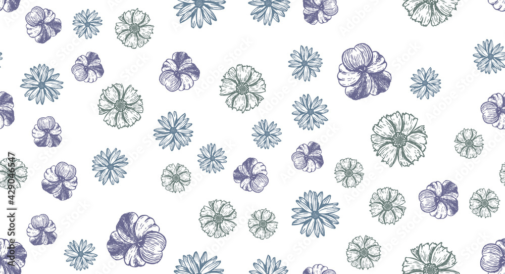 Flowers pattern Hand-drawn. Vector seamless background. Flowers pattern Hand-drawn. Vector seamless background.