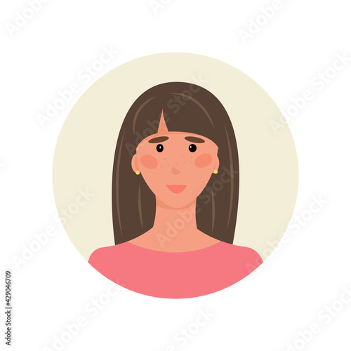 avatar of a brown-haired woman with bangs and long hair in a pink blouse. Unique youth badge for thematic women's forums, emails, chatbots, support. Vector illustration.