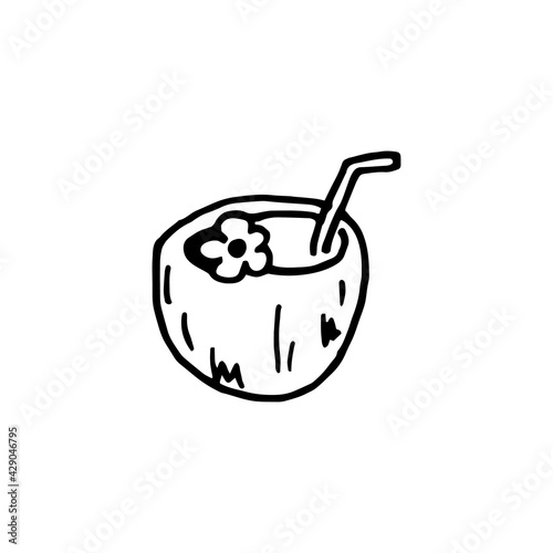 Young coconut doodle illustration. Milk or nut cocktail. Hand drawn pina colada print for menu, t-shirt. Isolated image of straw, leaves, flower. Vector illustration. Black outline, white background