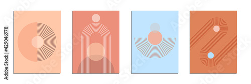 Abstract contemporary aesthetic poster design set with geometric shapes and lines like sun and rainbow. Mid-century modern wall decor. Trendy minimalist print. Vector illustration. 