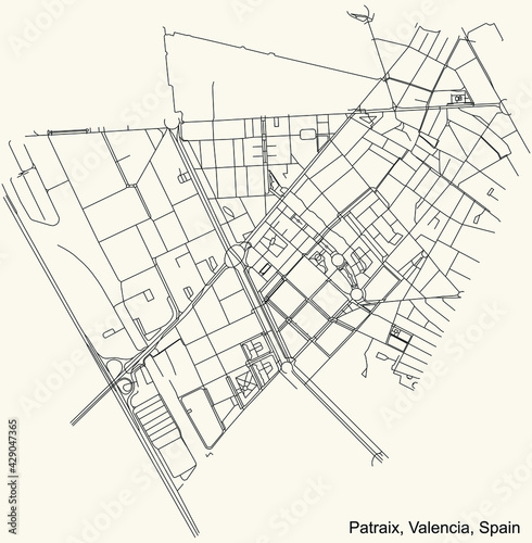 Black simple detailed street roads map on vintage beige background of the quarter Patraix district of Valencia, Spain