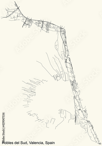 Black simple detailed street roads map on vintage beige background of the quarter Pobles del Sud district of Valencia, Spain