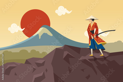 Asian warrior with sword walking in mountains and admiring Sun. Flat vector illustration. Chinese or Japanese male character in kimono enjoying landscape. Eastern Asia, samurai, fight, culture concept