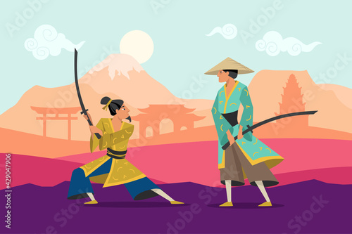 Cartoon battle of two eastern warriors in kimono. Flat vector illustration. Samurai characters fighting with swords in traditional background with torii. Eastern Asia, samurai, fight, culture concept
