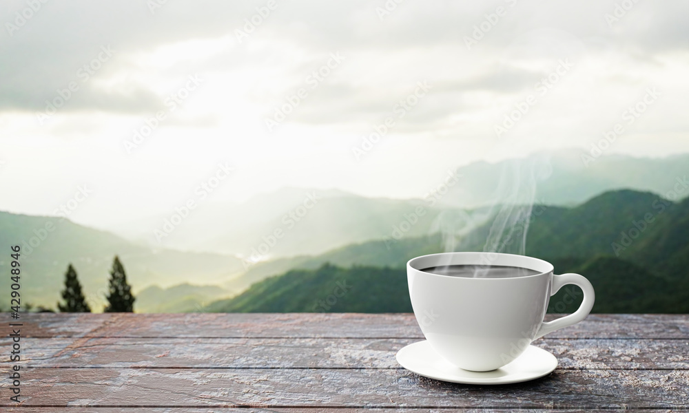 freshly brewed coffee or espresso into a white coffee mug. Hot coffee in a mug placed on the tabletop or wooden balcony. Morning mountain view, morning sunshine. 3D Rendering