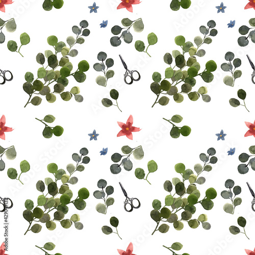 watercolor seamless pattern with eucalyptus branches minimalistic cut out on white background hand-drawn