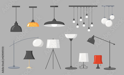 Various lamps flat pictures collection. Cartoon modern chandeliers, light pendants and ceiling lamps with bulbs isolated vector illustrations. Interior design elements and furniture concept