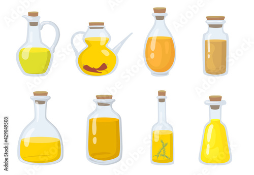 Oil types in glass bottles flat pictures set. Cartoon cold olive, cannabis, canola, corn or coconut oils isolated vector illustrations. Cooking and healthy vegetable seed oil concept