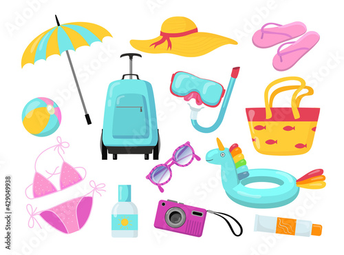 Summer holiday accessories and equipment flat pictures set. Cartoon hat, luggage, umbrella, swimsuit, camera, bag isolated vector illustrations. Travel and vacation concept