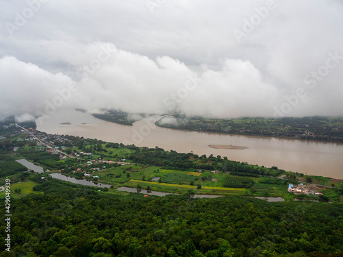 Top View of the Mekong River on clouds day, Thai side, another side is Laos.