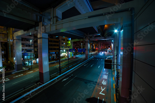 A night traffic on the urban street in Ikejiriohashi wide shot